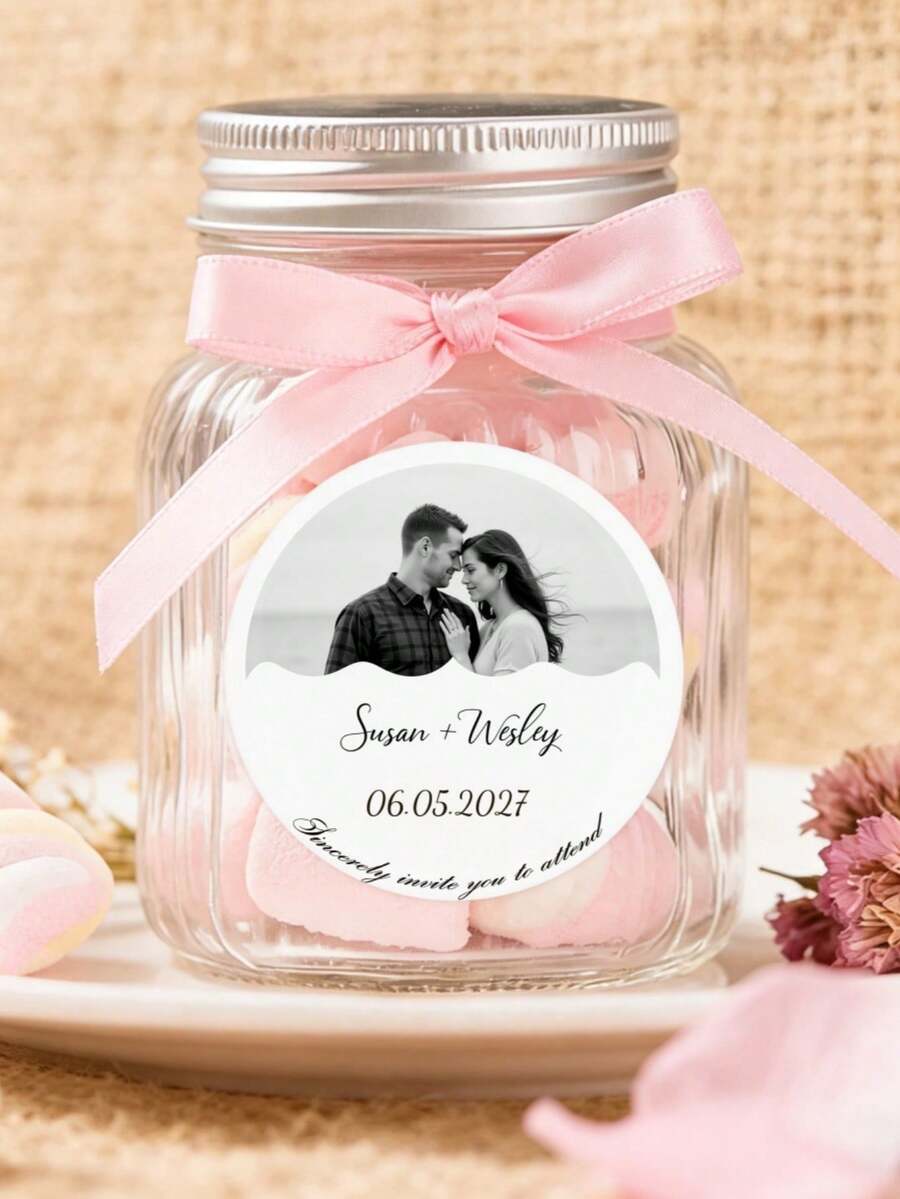 Personalized Custom Round Wedding Invitation Label Stickers, White Elegant Couple Portrait Design, Wedding Party Gift Labels Decoration - Multicolor - View 1