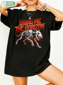 Bringgg Mee Theee Horizonn Metalcoree Rockk Banddd Skeletonn Wolf Flameee Vintagee Metal Art Cotton T-Shirt Unisex Casual Streetwear Punk Music Fan Tee. - 黑色 - 查看 6