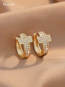 1 Pair Classic Zirconia Inlaid Cross Earrings, Exuding European And American Luxury Charm, Inlaid With High Luster Zirconia, Minimalist And Fashionable Design Suitable For Any Occasion, Exquisite And Compact Clip-On Design Convenient For Commuting And Daily Wear. - Cross - View 2