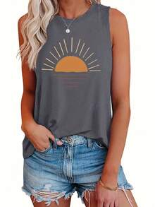 Summer Outfits For WomenPlus Size Sun Print Tank Top, Casual Crew Neck Sleeveless Tank Top For Summer, Women's Plus Size ClothingLoose And Comfortablesummer Tops For Women - 白色 - 查看 6