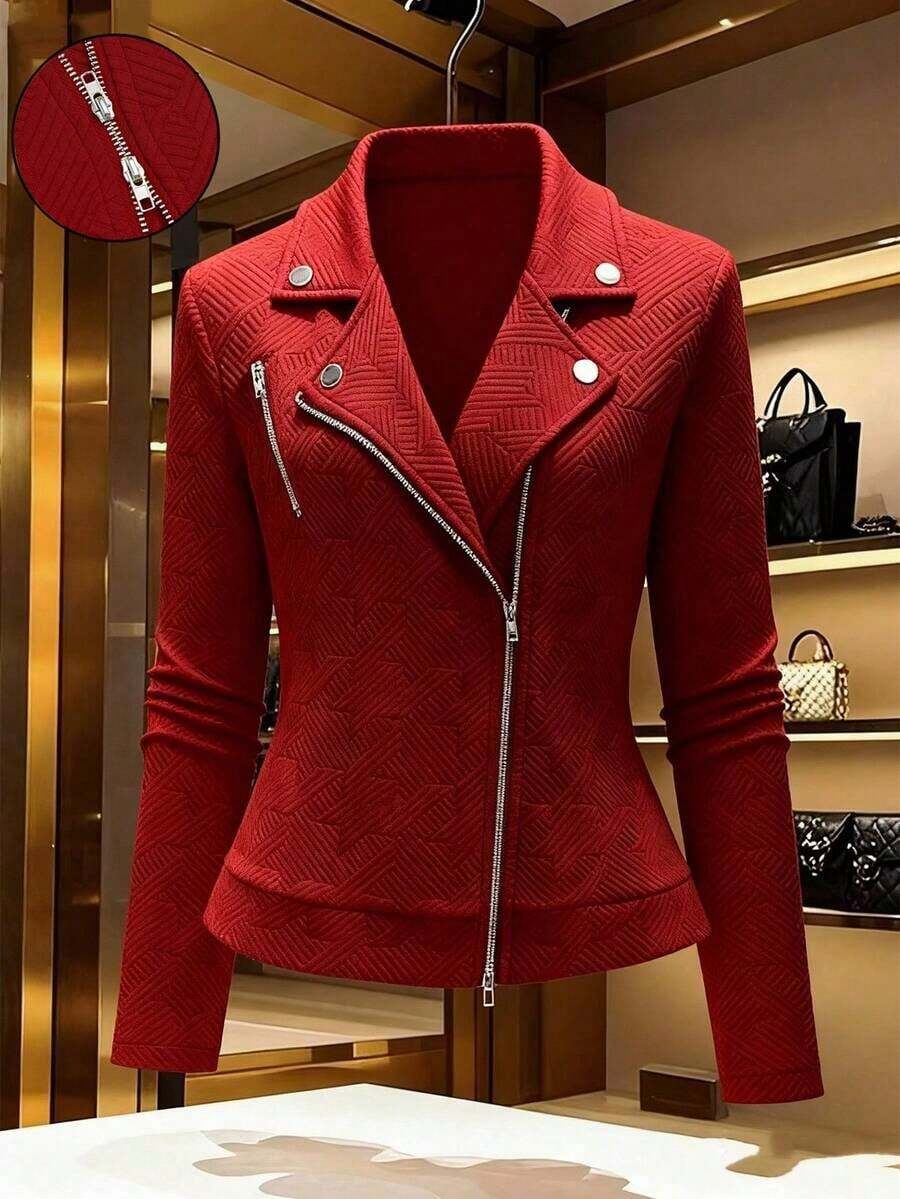 Chaqueta de motorista informal con cuello alto, textura y cierre de cremallera - Rojo - Ver 1