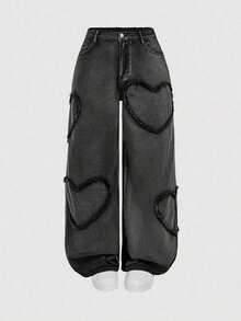 MOD Jeans rectos de algodón con estampado de corazones rosas para tallas grandes - Negro - Ver 1