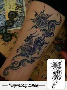 1 Pegatina de tatuaje de hierbas, Dragón tótem, Nubes auspiciosas, Sol, Versión vertical, Tira larga dominante, Pegatina de tatuaje temporal, lavable, PVC, desechable, impermeable y a prueba de sudor, adecuada para brazos, cintura, abdomen, espalda, piernas, no reflectante, imitación de tatuaje realista, adecuada para personas, uso diario, dura de 7 a 14 días - Negro - Ver 1