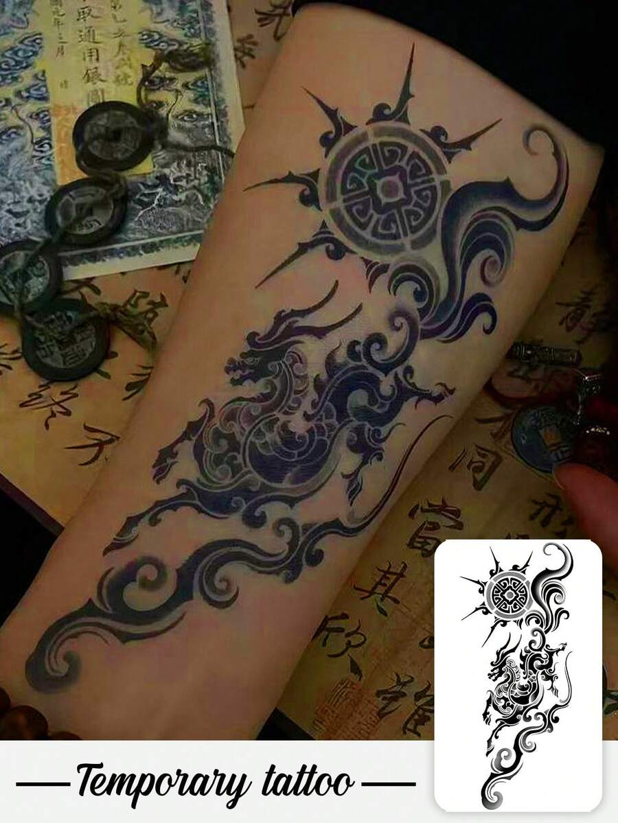 1 Pegatina de tatuaje de hierbas, Dragón tótem, Nubes auspiciosas, Sol, Versión vertical, Tira larga dominante, Pegatina de tatuaje temporal, lavable, PVC, desechable, impermeable y a prueba de sudor, adecuada para brazos, cintura, abdomen, espalda, piernas, no reflectante, imitación de tatuaje realista, adecuada para personas, uso diario, dura de 7 a 14 días - Negro - Ver 1