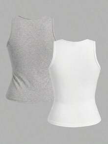 2 piezas de camiseta de tirantes de mujer de ajuste ceñido con estampado minimalista de letras de California en negro y blanco - 95% algodón, para primavera y verano, uso en todas las estaciones, vuelta al colegio, ropa de casa y deporte, estilo re - Multicolor - Ver 9