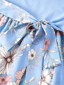 Vestido de verano de longitud media con estampado floral elegante y patchwork para mujer - Celeste - Ver 4