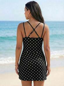 Swim Mod Vestido de baño con tirantes de mujer con pliegues y lunares para playa y vacaciones - Amarillo - Ver 8