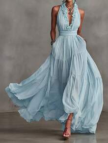 Long Sleeveless Light Blue Dress With Deep V-Neck And Ruffle Details, Flowing A-Line Cut And Tiered Hem, Ideal For Parties Or Formal Occasions. - 淺色水洗藍 - 查看 2