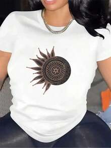 Women's Casual Short Sleeve T-Shirt With Solar Mandala Design | Made Of Lightweight And Durable Fabric, Perfect For Casual Wear In Restaurants Or Living Rooms, Round Neck, Medium Stretch Fabric - 白色 - 查看 10