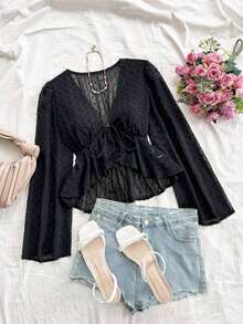 Blusa informal de unicolor con mangas acampanadas para mujer - Negro - Ver 6