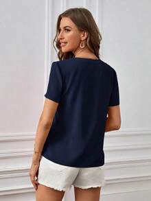 Blusa casual de mujer de unicolor con cuello en V y manga corta - Azul marino - Ver 2