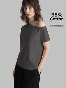Camiseta de mujer de manga corta y hombro asimétrico, primavera/verano 2026.Camiseta casual urbana elegante con cuello asimétrico, adecuada para oficina, maestros, invitados de boda, vacaciones, casual de negocios, versátil - Gris Oscuro - Ver 5