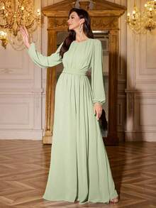 Vestido de dama de honor de manga linterna de unicolor elegante y extra largo - verde menta - Ver 4