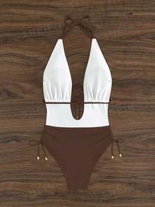 Mujeres traje de baño de una pieza con escote en V profundo y lazo frontal, espalda abierta, lazo de cuello para vacaciones - Marrón - Ver 2