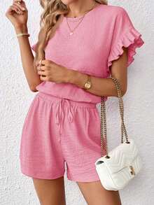 Conjunto de 2 piezas para mujer: Top de manga corta y shorts de cintura elástica - Rosa - Ver 4