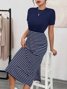 Vestido informal de verano para mujeres, vestido de ajuste ceñido a bloques de color con rayas y aberturas laterales, vestido midi, vestido básico de camiseta, vestido de verano para mujeres, vestido a rayas - Azul marino - Ver 5