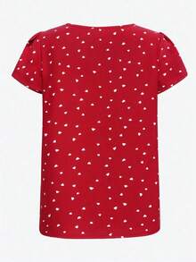 Camisa casual de mujer con cuello redondo y mangas cortas, estampado floral, estilo vacacional - Rojo 3 - Ver 2