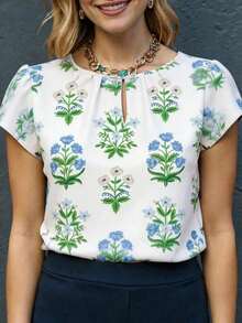 Blusa de verano para mujer con escote de ojo de cerradura, manga abullonada y pliegues plisados, estilo bohemio con estampado floral - Verde 2 - Ver 1