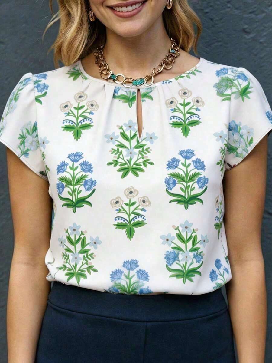 Blusa de verano para mujer con escote de ojo de cerradura, manga abullonada y pliegues plisados, estilo bohemio con estampado floral - Verde 2 - Ver 1