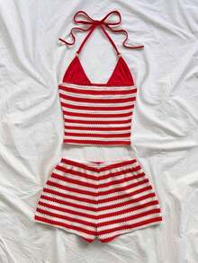 Conjunto de 2 piezas de mujer para vacaciones de primavera/verano, con top de camisola de cuello de halter de punto a rayas rojas + shorts cortos de talle bajo a rayas rojas vintage - Rojo y blanco - Ver 6