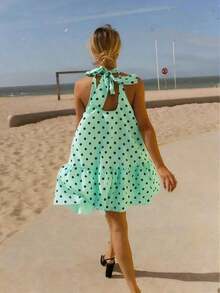 Vestido casual y elegante con cuello de corbata, hombros descubiertos y estampado de lunares en verde menta, adecuado para primavera/verano y fiestas.(El estilo es ligeramente holgado, se recomienda pedir una talla menos para un aspecto talla grande ajustado) - verde menta - Ver 2