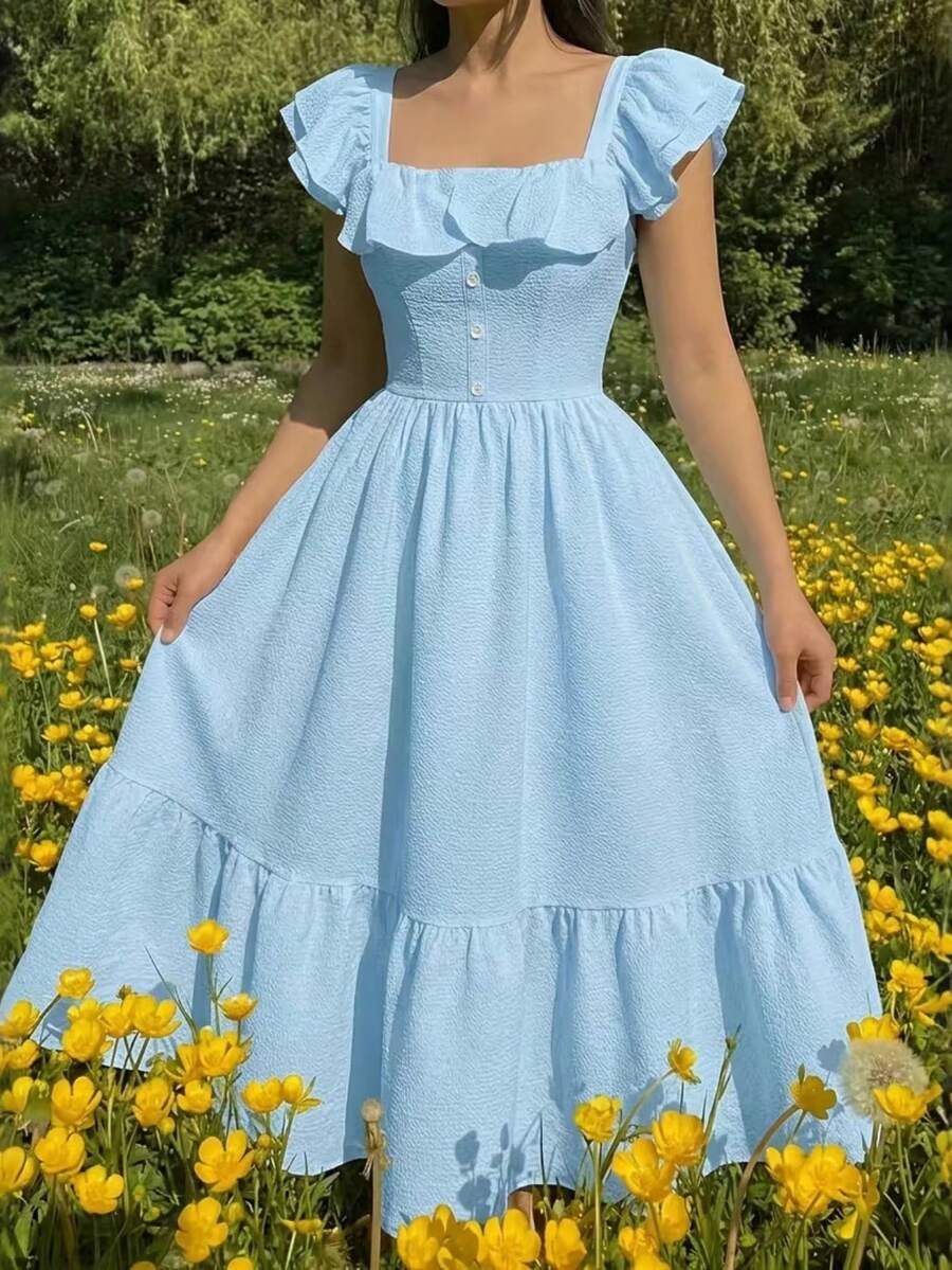 Elegant Long Pink Dress For Women With Square Neck, Ruffled Sleeves And Tiered Hem, Ideal For Summer Outings. - Baby Blue - View 1
