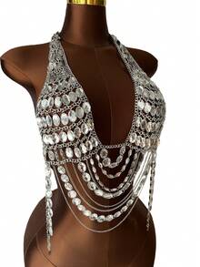 ZHENGHEN Luxury Sparkling Silver Rhinestone Exaggerated Necklace, Handmade Crystal Mesh Body Chain, Suitable For Evening Party And Bridal Look - Silver - View 4