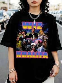Oversized Black Graphic T-Shirt In A Retro 90s Hip-Hop Rapper Style, Featuring Wiz K-KhalifaS - Black - View 1