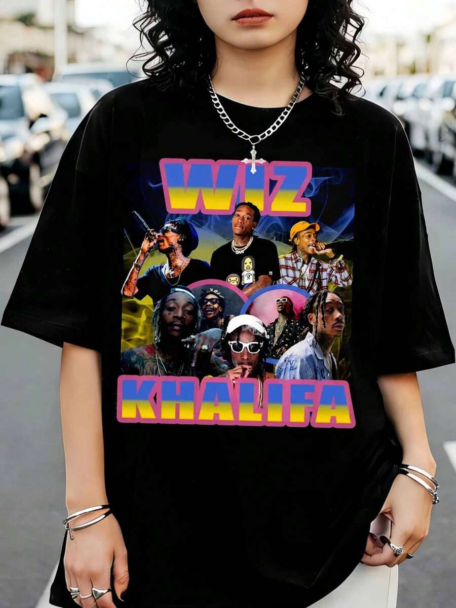 Oversized Black Graphic T-Shirt In A Retro 90s Hip-Hop Rapper Style, Featuring Wiz K-KhalifaS - Black - View 1