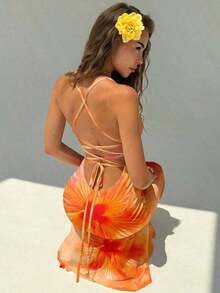 Women's Elegant Hawaiian Floral Print Backless Dress, Summer Vacation Outfit, Beach Dress, Women's Beach Resort Wear, Bohemian Tropical Resort Wear Spring Open Back Summer Dress Orange Beach Dress - 橘色 6 - 查看 4