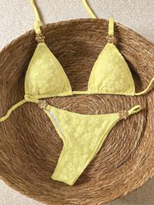 Bikinx Bộ bikini hai dây nữ kiểu dáng thường ngày dễ thương, quần bikini xẻ cao in họa tiết, đồ bơi buộc dây hở lưng, thích hợp cho kỳ nghỉ. - Vàng nhạt - Xem 3