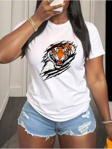¡Oferta por tiempo limitado, unidades limitadas,  relámpago! Camisas casuales para mujer, camisetas de poliéster para mujer, camisas elegantes. Camiseta con estampado de tigre audaz, con un drapeado suave, camiseta elegante y de verano, corte holgado que realza la figura y se adapta a todos los tipos de cuerpo, tejido transpirable y agradable para la piel que es suave y cómodo, y estilo retro, ideal para - Blanco - Ver 7