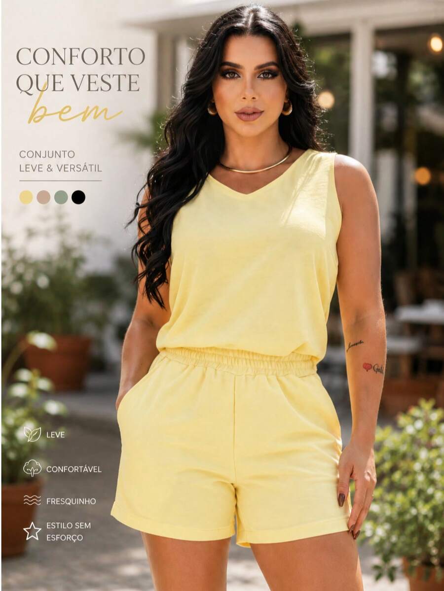 Women's Set: Loose-Fitting Tank Top With Wide Straps + Shorts. Elegant, Casual, Conservative/Modest Luxury Women's Set. Fabric: None. Suitable For: Formal Office And Evening, Photoshoot, Night, Wedding. - 查看 1