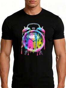 Camiseta de Hombre con Diseño de Reloj Esmaltado Colorido, Estampado Artístico, Ropa Casual de Verano, Regalo para Él - Negro - Ver 1