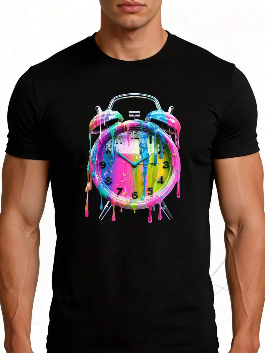 Camiseta de Hombre con Diseño de Reloj Esmaltado Colorido, Estampado Artístico, Ropa Casual de Verano, Regalo para Él - Negro - Ver 1