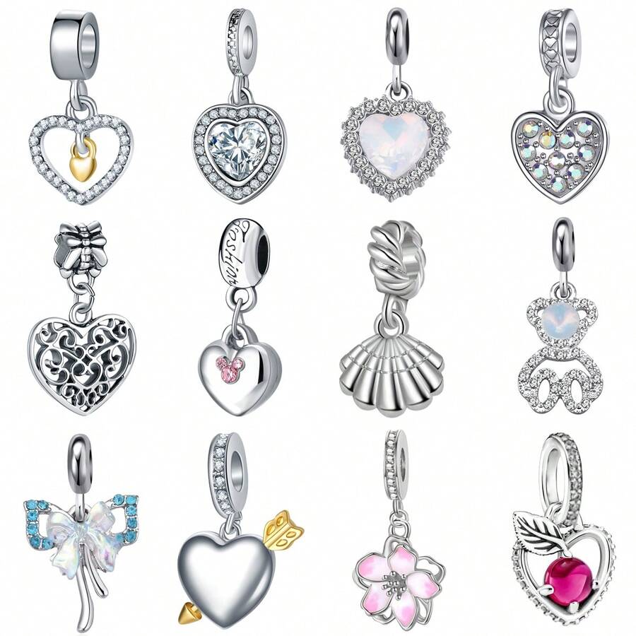 Mặt dây chuyền hình nơ và trái tim lấp lánh đính đá Cubic Zirconia, phù hợp với vòng tay charm kiểu Châu Âu, trang sức xếp lớp thanh lịch để đeo hàng ngày, quà tặng sinh nhật, kỷ niệm, ngày Valentine. - Bạc - Xem 1