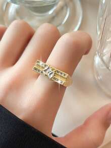 1pc Punk Style Concave Geometric Zirconia Gold-Plated Couple Ring, Suitable For Birthday, Date, Graduation, Party Wear, Copper Women Accessory Gift - 1# - View 5