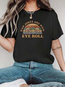 Women's Casual Short Sleeve T-Shirt - Black Crew Neck With Funny Graphic Print "Dad's Jokes Are Like A Red Eye", Loose Fit, Machine Washable, All Season Comfort, Women's T-Shirts, Everyday Wear, Funny Print Top, Versatile Clothing - 黑色 - 查看 7