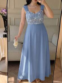 Plus Size Women Blue Woven Fabric Zip-Up Long Waist-Cinched Dress, Casual & Date Wear For Summer Elegant - Blue - View 1