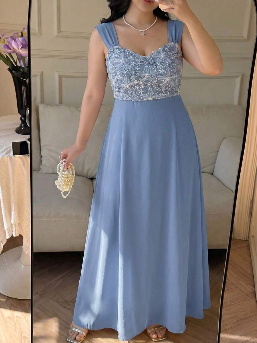 Plus Size Women Blue Woven Fabric Zip-Up Long Waist-Cinched Dress, Casual & Date Wear For Summer Elegant - Blue - View 1