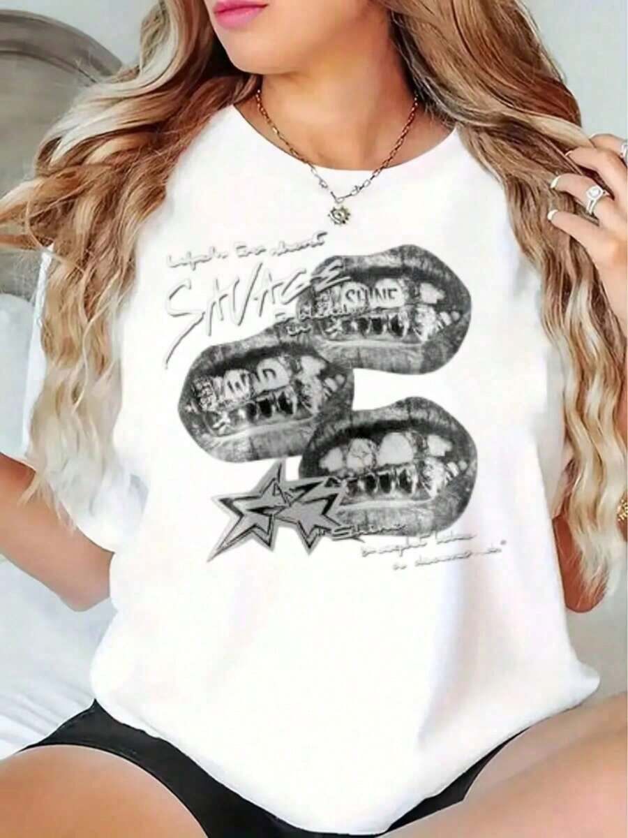 Camiseta estampada para mujer, informal, con diseño gráfico de dientes y estrellas, ideal para el verano, regalo perfecto para amigos y familiares, 220g, playera para verano. - Blanco - Ver 1