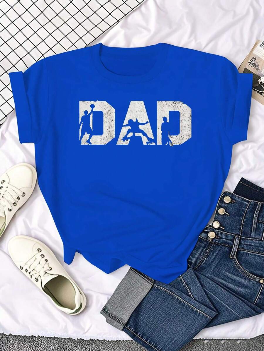 Women's Solid Blue T-Shirt - Oversized DAD & S Logo Print - Casual Short Sleeve Crew Neck T-Shirt, Suitable For Everyday Wear And As A Father's Day Gift - Breathable And Machine Washable, Dad Themed. Elegant Party Outfit, Stylish Ladies T-Shirt, Blouses Suitable For Curvy Women, Prom Skirts, Casual Wear. Adorable Animal Print, Fun Letter Print - 藍色 - 查看 1