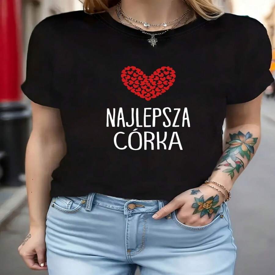 Women's Casual Short Sleeve Round Neck Cotton T-Shirt with Unique Heart Graphic Print, Cute Regular Fit Top, High Stretch Fabric for Everyday Wear - Negro - Ver 1