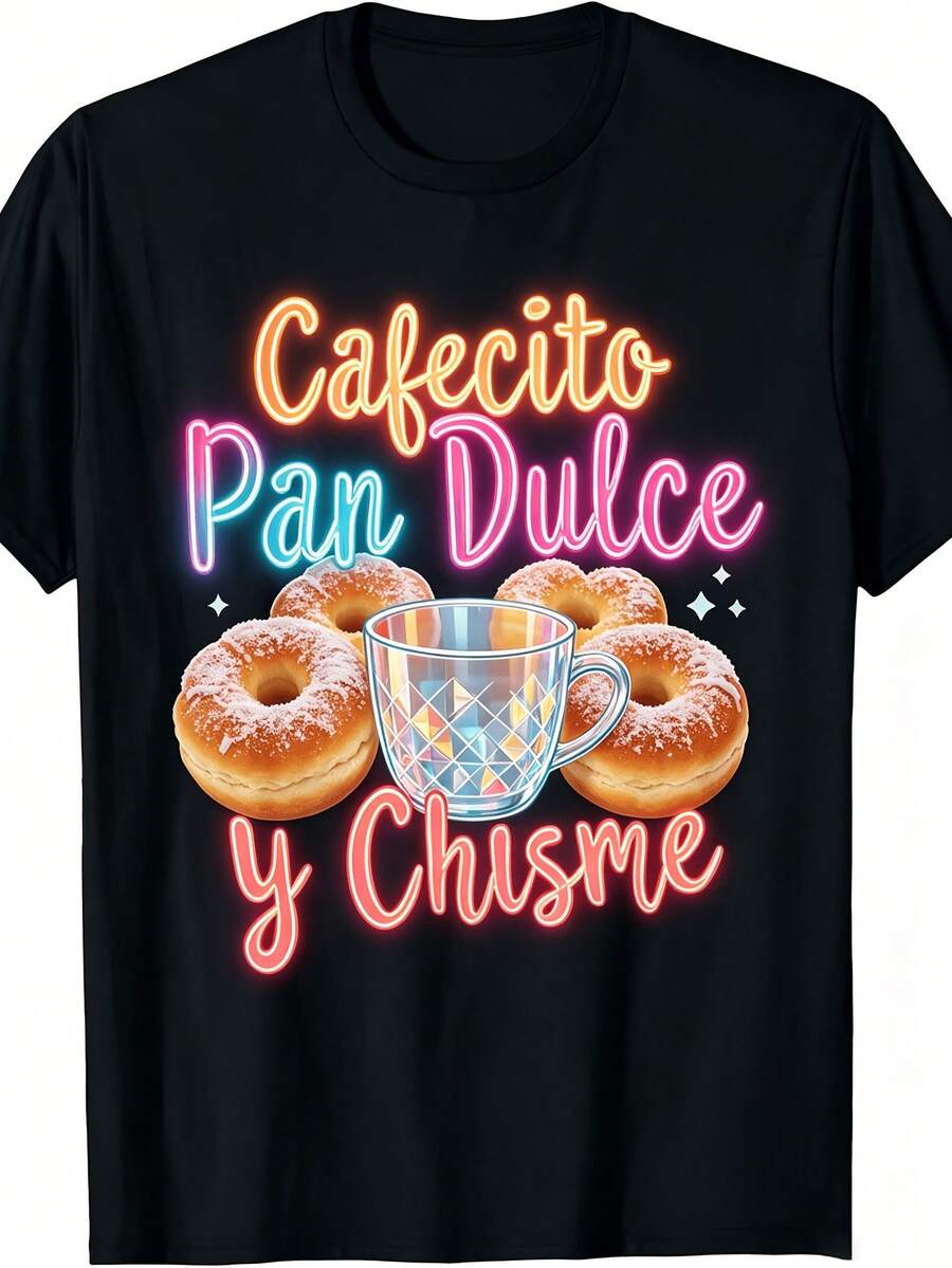 Camiseta Cultural Mexicana - Cuello Redondo con Diseño de Concha, Café y Pan Dulce - Ropa Casual Adecuada para Uso Diario, Lavable a Máquina, Ropa Mexicana - Camiseta de Algodón para Familia Coordinada - Negro 3 - Ver 1