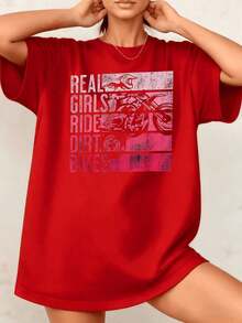 Women's T-Shirt With Motocross Graphic Print, 100% Cotton, Crew Neck, Casual Style, 1 Piece. Excellent Gifts For Friends And Family. - 紅色 - 查看 7