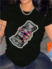 Women's T-Shirt With A Design Featuring A Hand Holding Dollar Bills, Long Pink Nails, And An Urban Style; High-Contrast Heat-Transfer Print In Gray; Casual T-Shirt - 黑色 - 查看 4