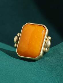 Nhẫn kiểu đồng xu mạ vàng 18K cổ điển, đính đá màu vàng tự nhiên hình vuông, trang sức dành cho nữ. - Màu vàng - Xem 5
