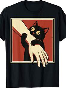Retro T-Shirt With Cat Biting Arm Design - Vintage T-Shirt With Black Cat Graphic, Crew Neck, Machine Washable, Suitable For - Casual Wear, Theme Parties And Everyday Outfits - Men's Fashion Clothing - 黑色 - 查看 8