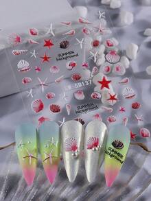 3张5D立体浮雕海洋主题美甲贴纸，金属海马、锚、白色珊瑚贝壳和彩色海星贝壳图案，自粘式美甲贴花，夏季海滩美甲装饰 - 彩色 - 查看 9