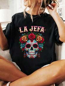 Camiseta de Mujer con Estampado de Calavera Mexicana para el Día de los Muertos, La Jefa, Cuello Redondo, Algodón, Tops de Verano para Mujer, Regalo, Camiseta de Manga Corta100%Cotton - Negro - Ver 7